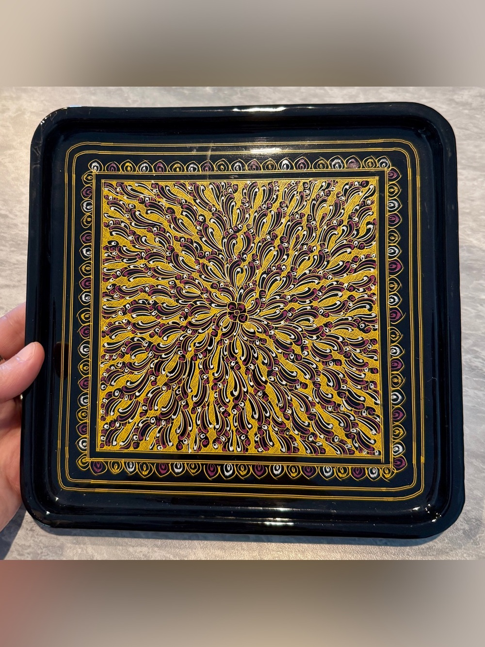 Japanese Asian Lacquerware Serving Tray Square Approx 8x8” VTG Black Gold